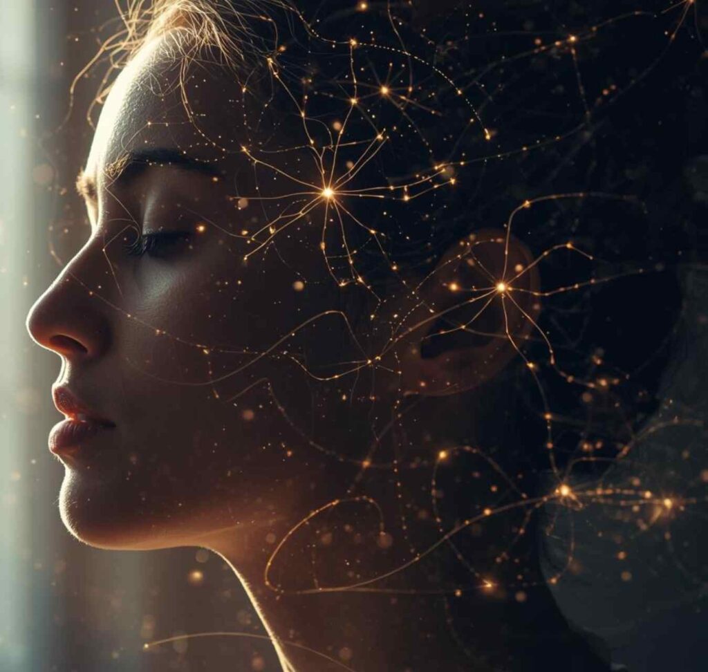 Person practicing yogic humming breath with soundwave around head