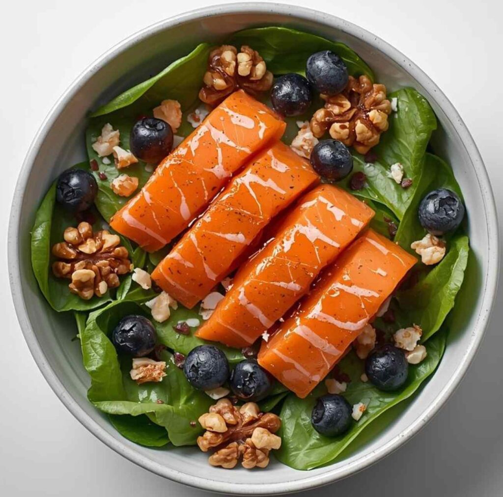 vibrant brain-healthy foods: salmon, blueberries, spinach, walnuts